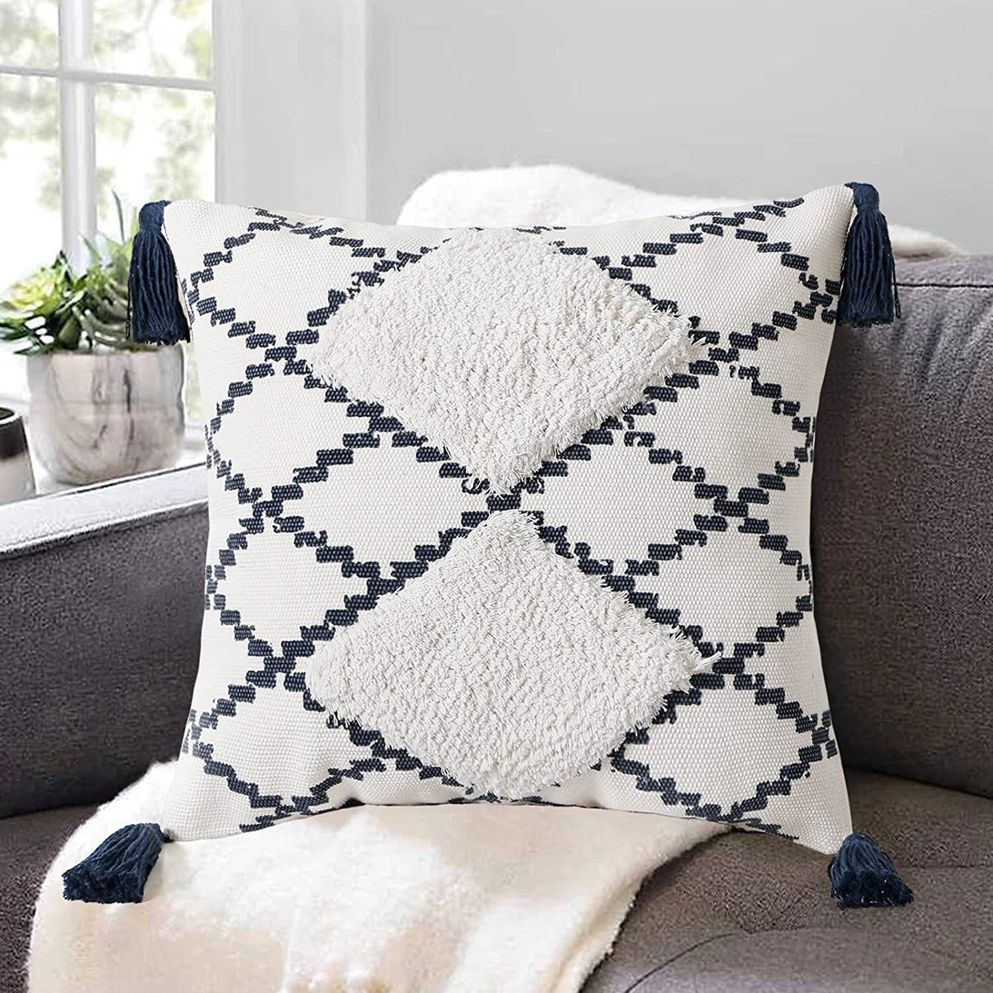 Navy Blue Diamond Tufted Tassle Cushion Cover