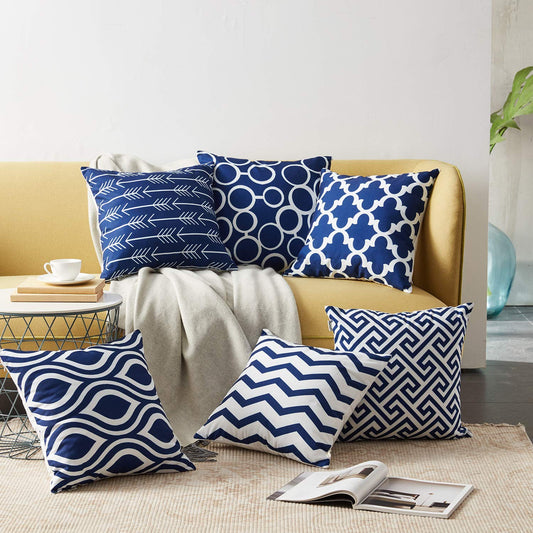 Decorative Cotton Throw Pillow Covers (Set of 6, Navy Blue)