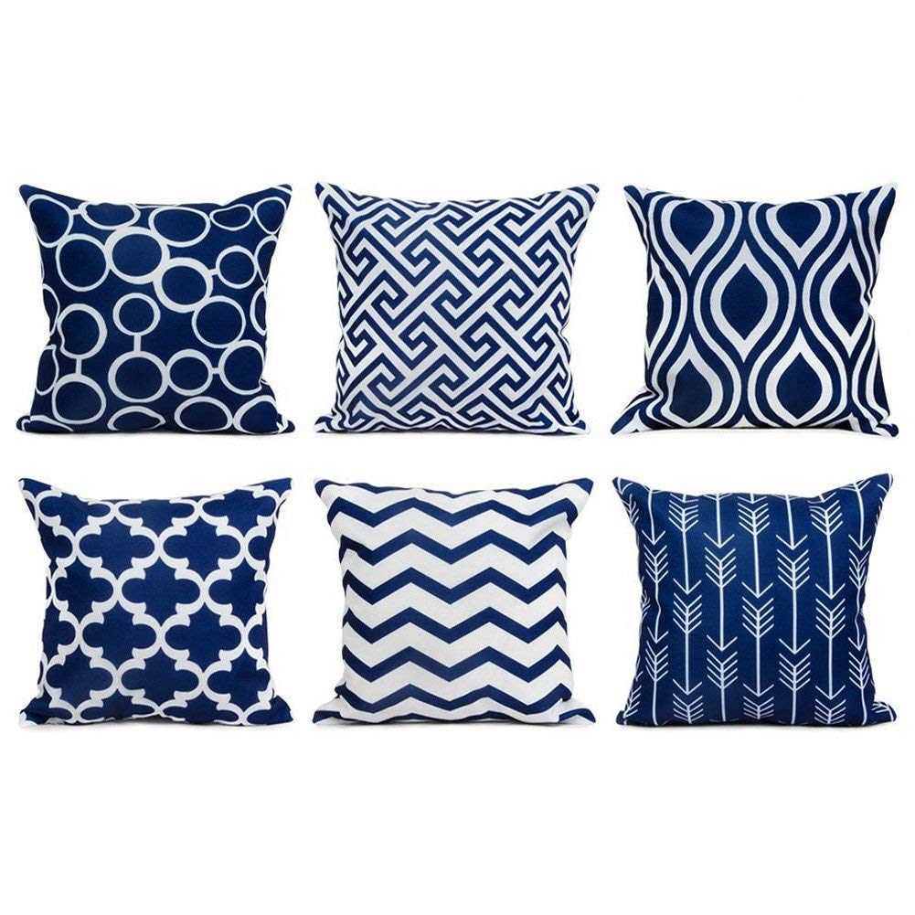 Decorative Cotton Throw Pillow Covers (Set of 6, Navy Blue)