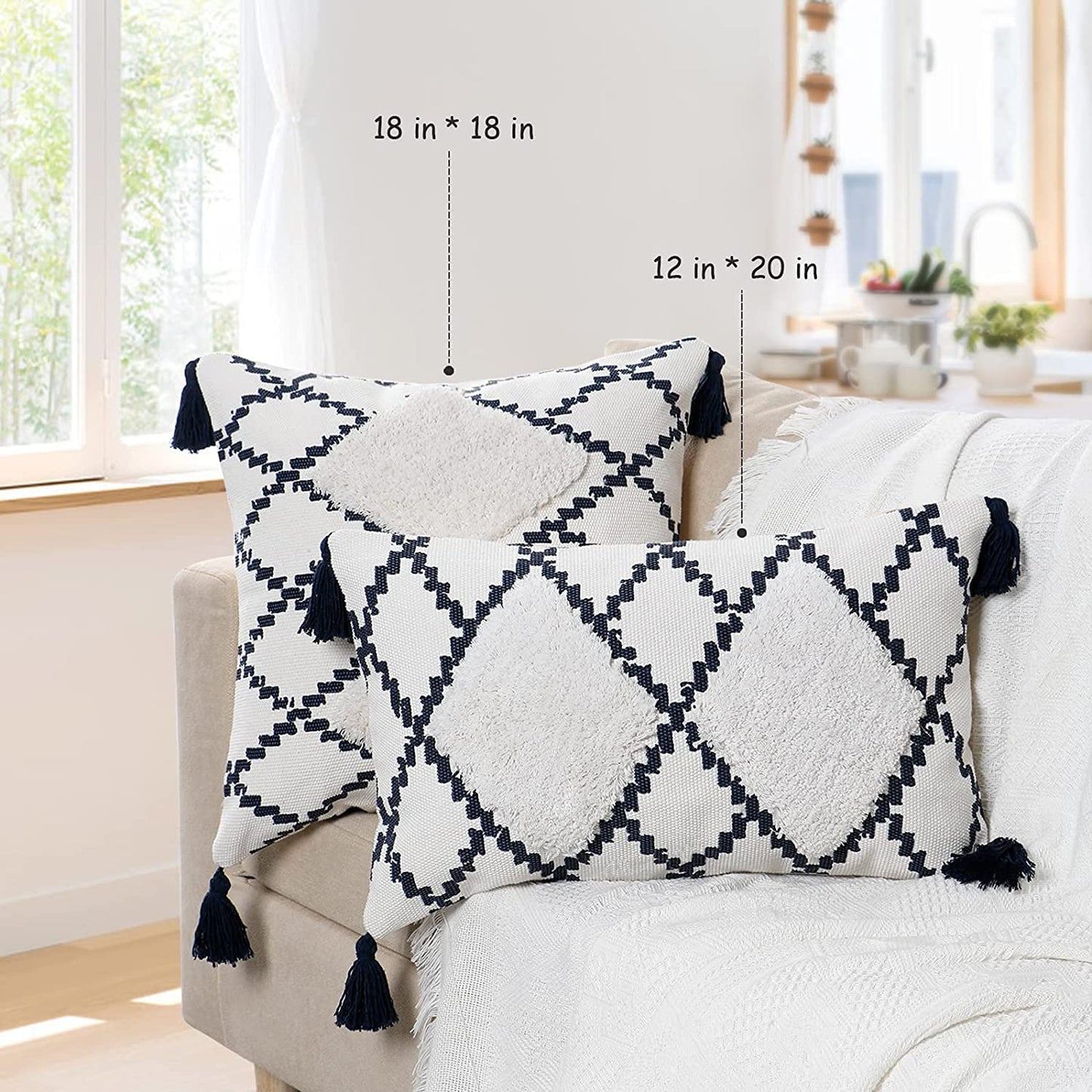 Navy Blue Diamond Tufted Tassle Cushion Cover