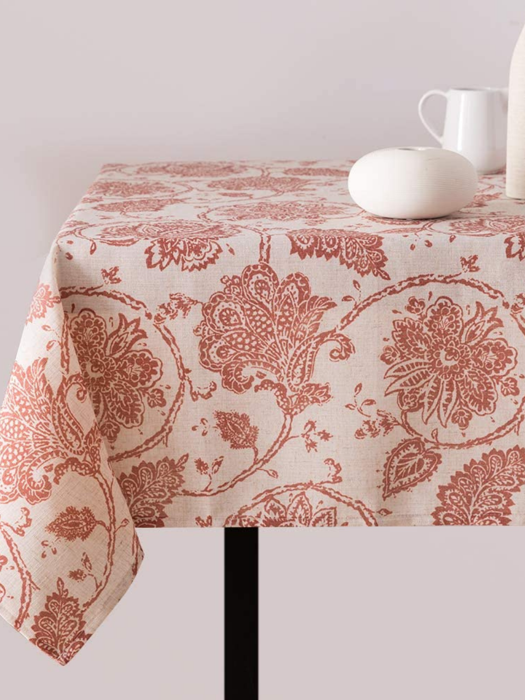 Floral Printed Cotton Tablecloth for Dining Table, Patio Table, Picnic Table, Hotel Buffet Table - Terracotta red