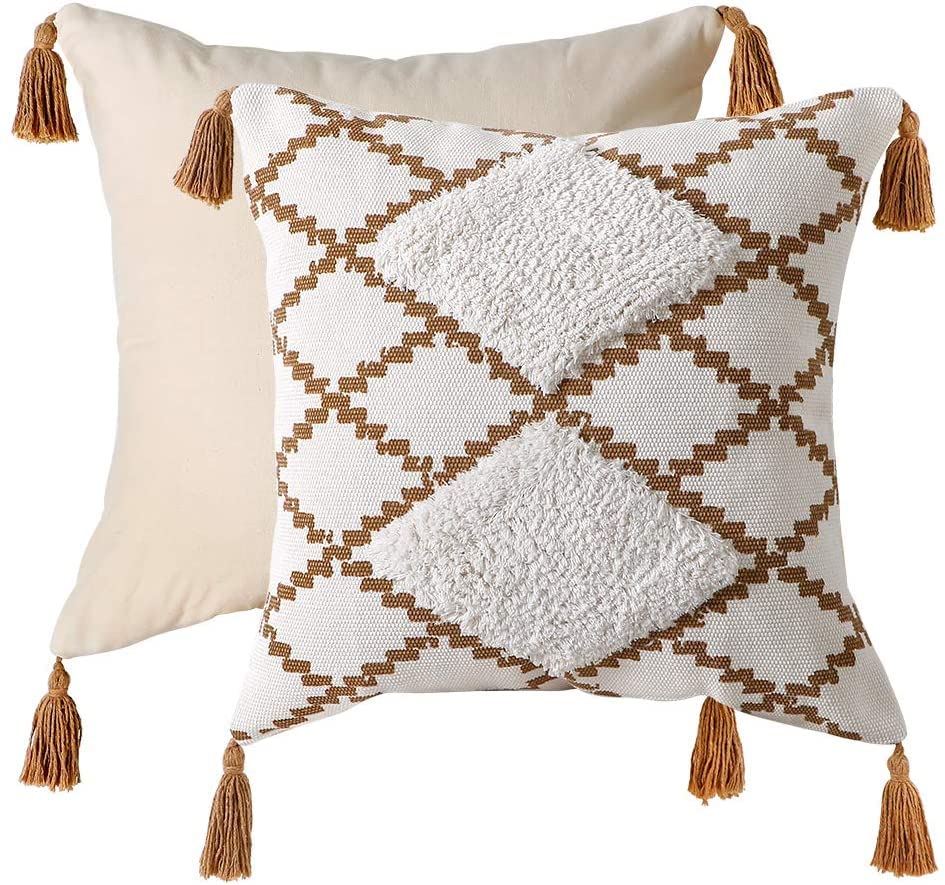 Coffe Tassle Diamond Tufted Decorative Throw Pillow Cover