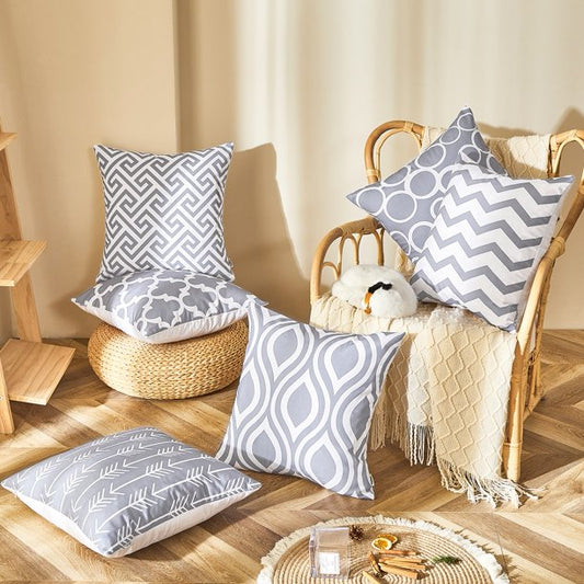 Fine Cotton Geometric Print Cushion Covers Set of 6, Grey