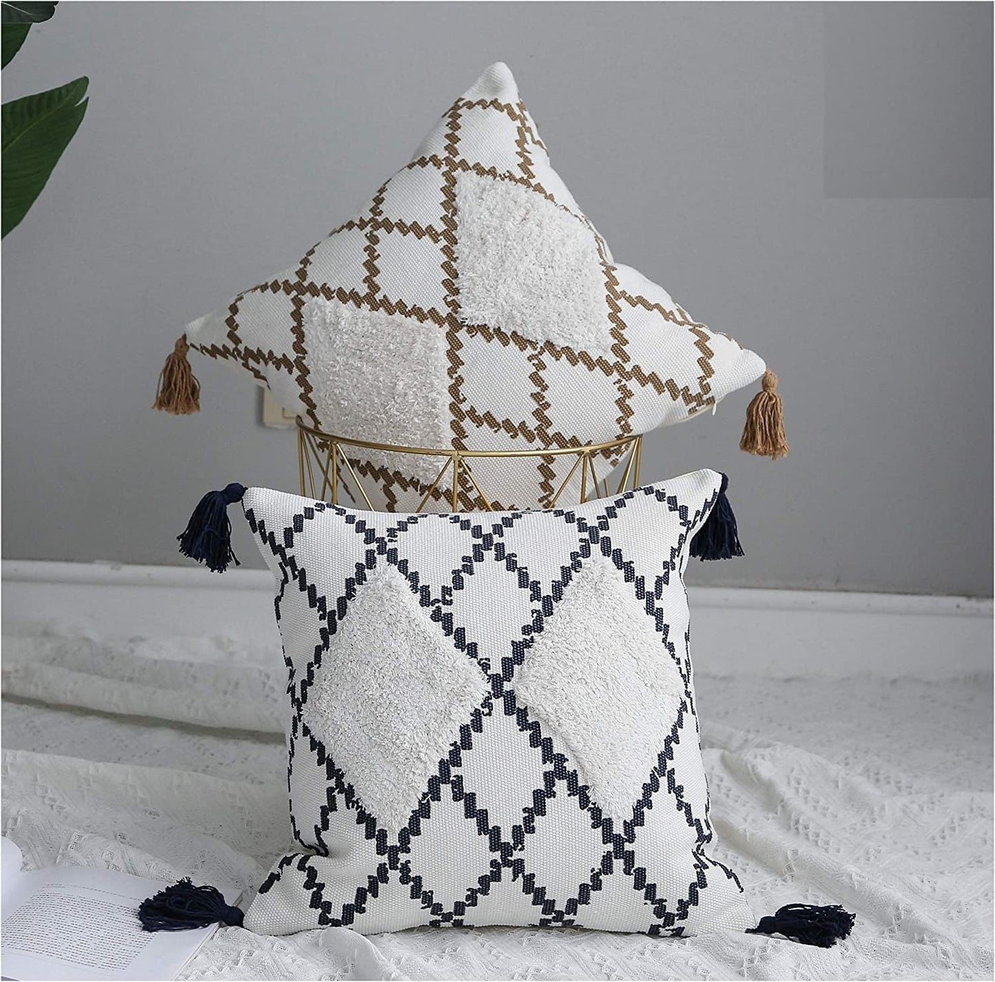 Coffe Tassle Diamond Tufted Decorative Throw Pillow Cover