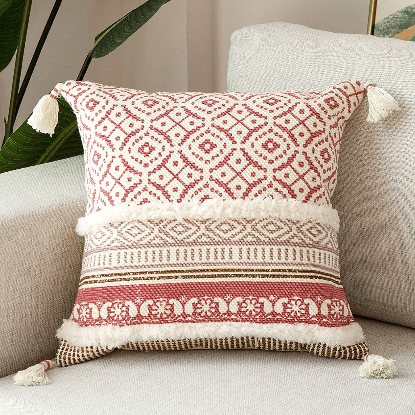 Pink Tufted Cushion Cover with Tassles - Boho Look