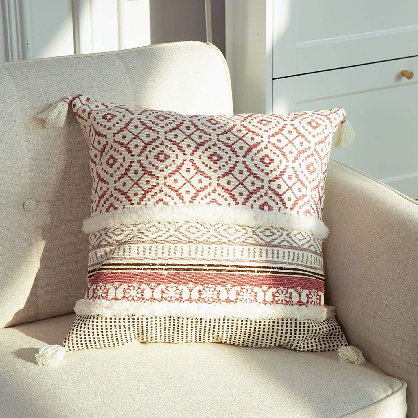 Pink Tufted Cushion Cover with Tassles - Boho Look