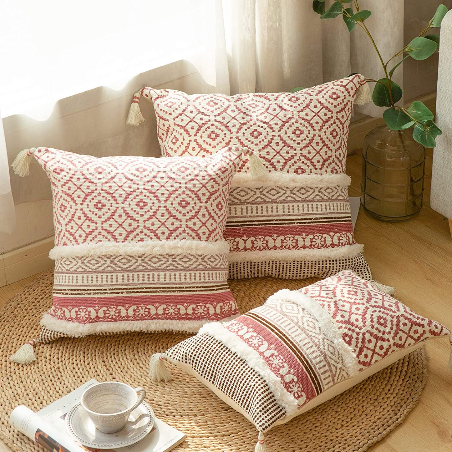 Pink Tufted Cushion Cover with Tassles - Boho Look