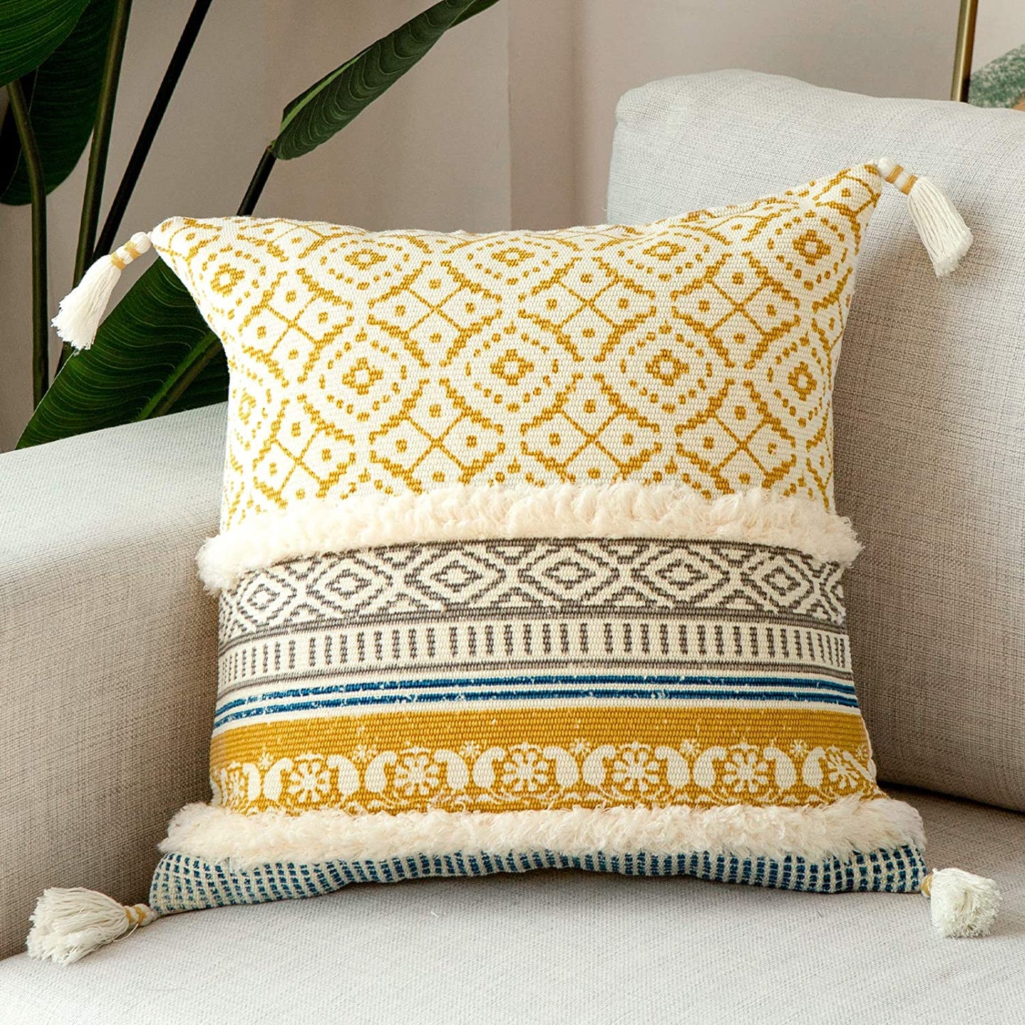 Yellow and grey Boho Tufted cushion cover with Tassles