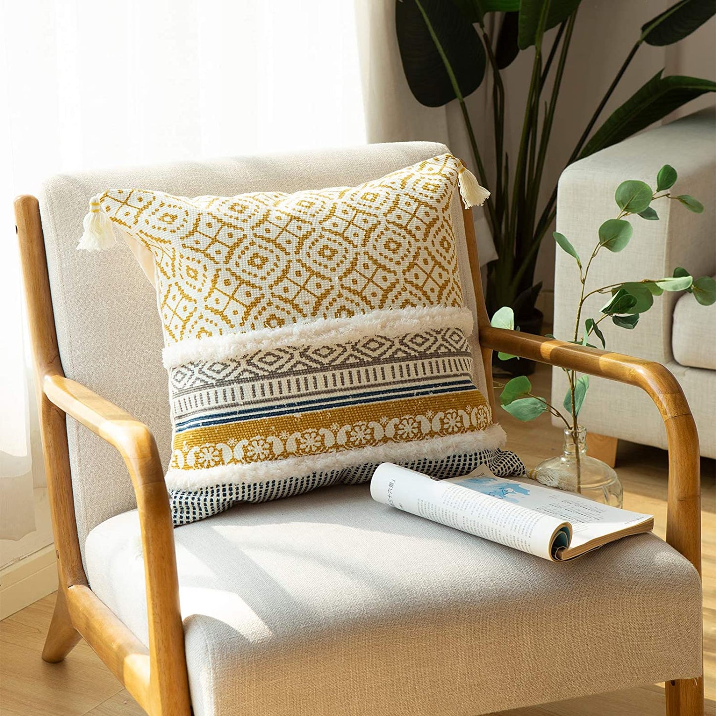 Yellow and grey Boho Tufted cushion cover with Tassles