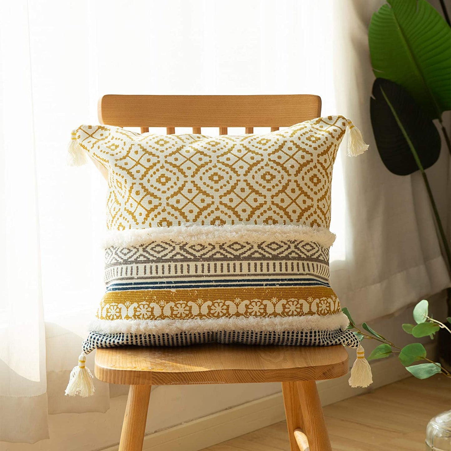 Yellow and grey Boho Tufted cushion cover with Tassles