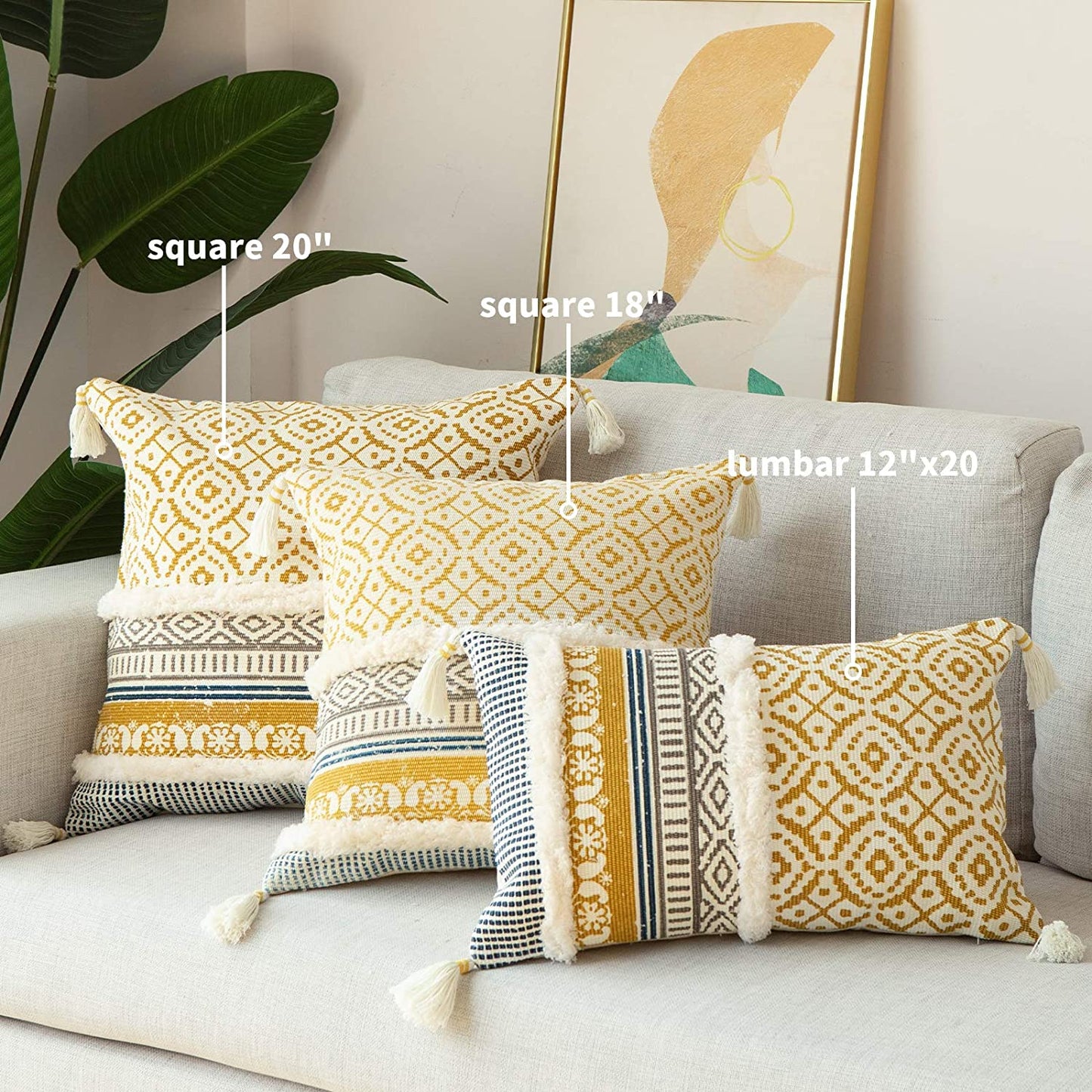 Yellow and grey Boho Tufted cushion cover with Tassles