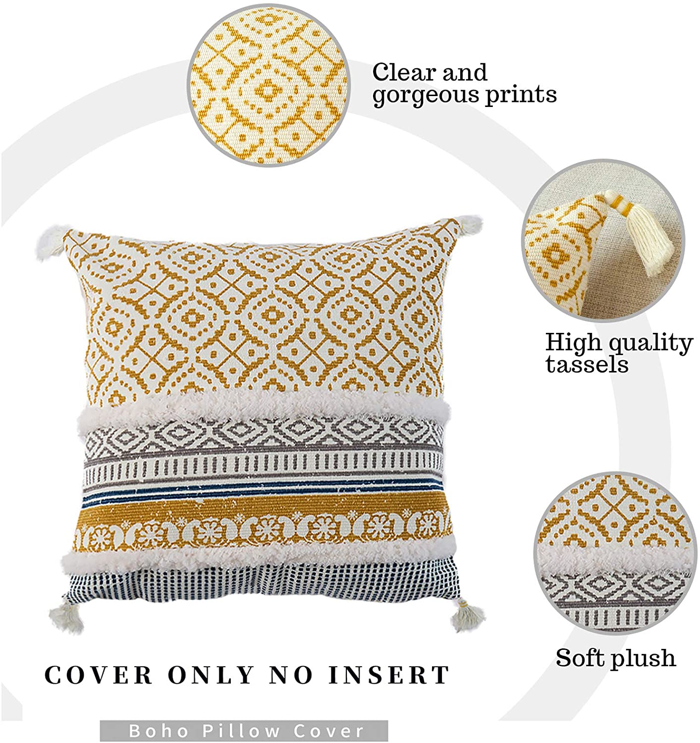 Yellow and grey Boho Tufted cushion cover with Tassles