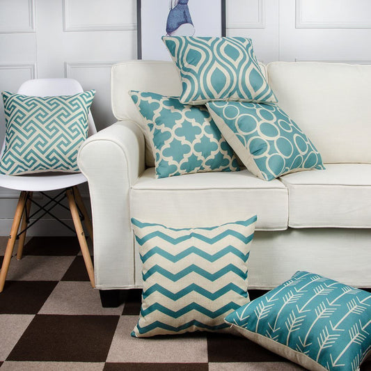 Geometric Print Cotton Cushion Covers (Aqua, Set of 6)