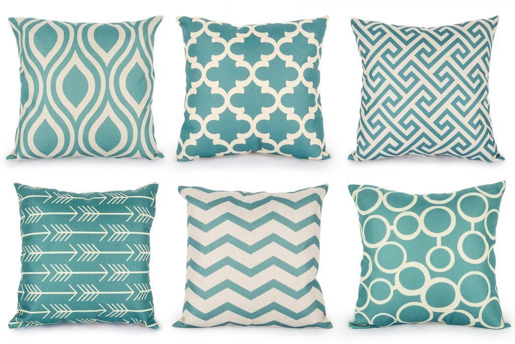 Geometric Print Cotton Cushion Covers (Aqua, Set of 6)