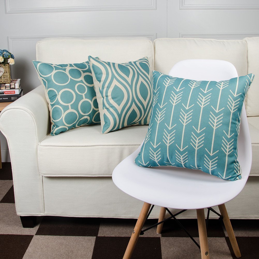 Geometric Print Cotton Cushion Covers (Aqua, Set of 6)