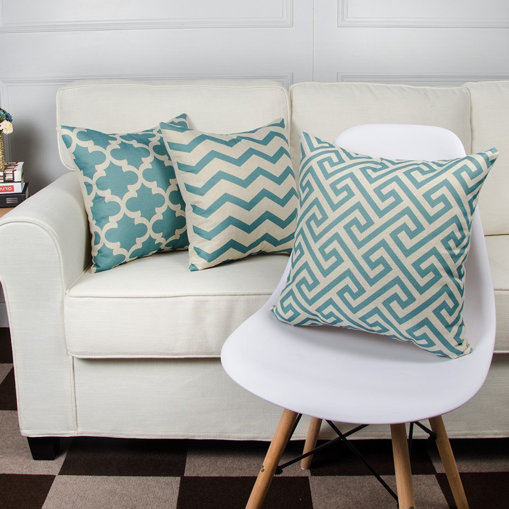 Geometric Print Cotton Cushion Covers (Aqua, Set of 6)